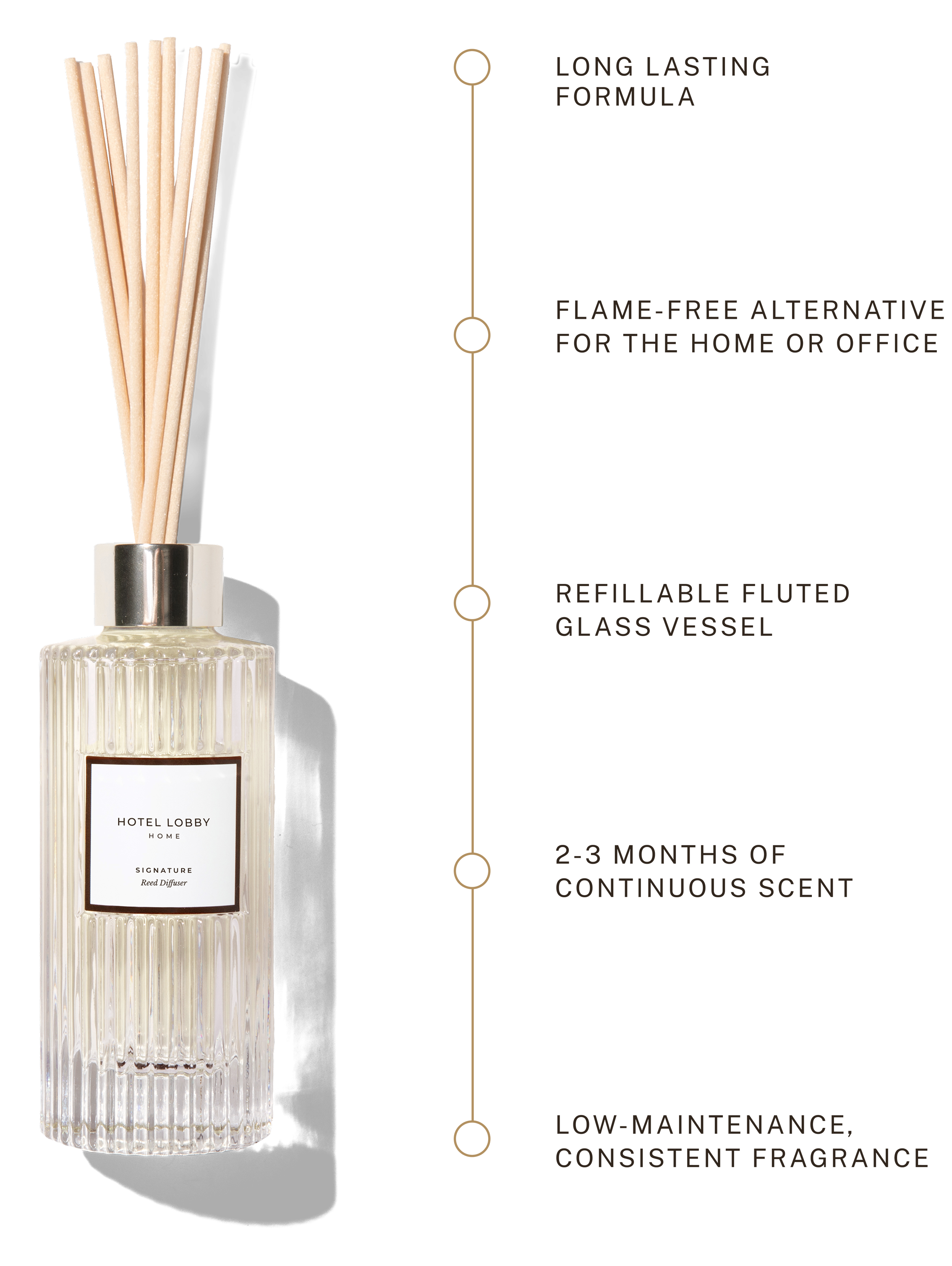 Reed diffuser with long-lasting formula, refillable glass vessel, and various scent options, ideal for home or office.